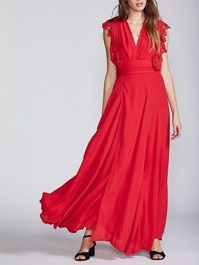 Free People Jen’s Pirate Booty Poppy Maxi Dress Wrap Red Eyelet Lace
